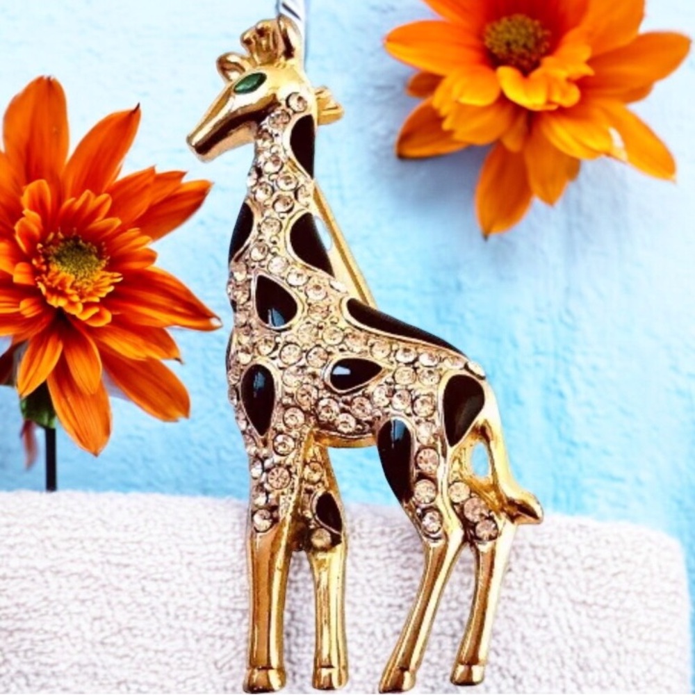 Giraffe Brooch Pin Black Enamel Goldtone Rhinestones Green Eye